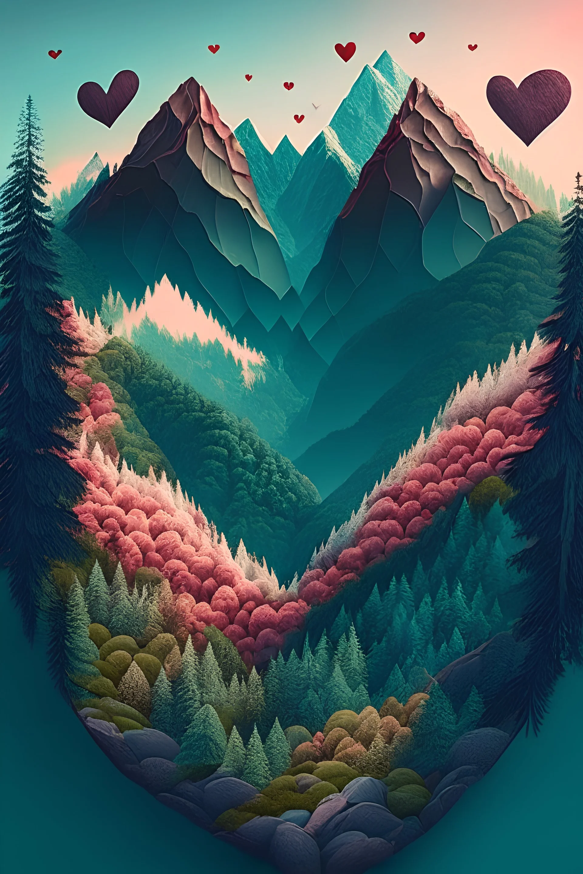 mountains and forests with hearts