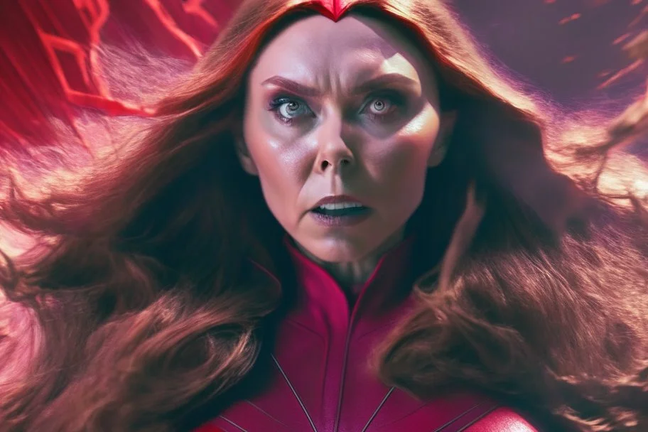 Mulher, feiticeira escarlate, rosto da atriz elizabeth olsen, rosto de wanda maximoff, cabelos ruivos, muito brava, wanda Marvel, expressão de raiva, 4k render, vilã, voando, imagem de longe, manipulando magia, raiva, corpo inteiro, olhos marcantes, mãos atirando magia do caos vermelha, cidade de destruição, cores frias, cinematográfico, dramático. Traje da wanda inspirado no filme doutor estranho no multverso da loucura da marvel, saindo magia de suas mãos, voando pelo céu e a destrui�