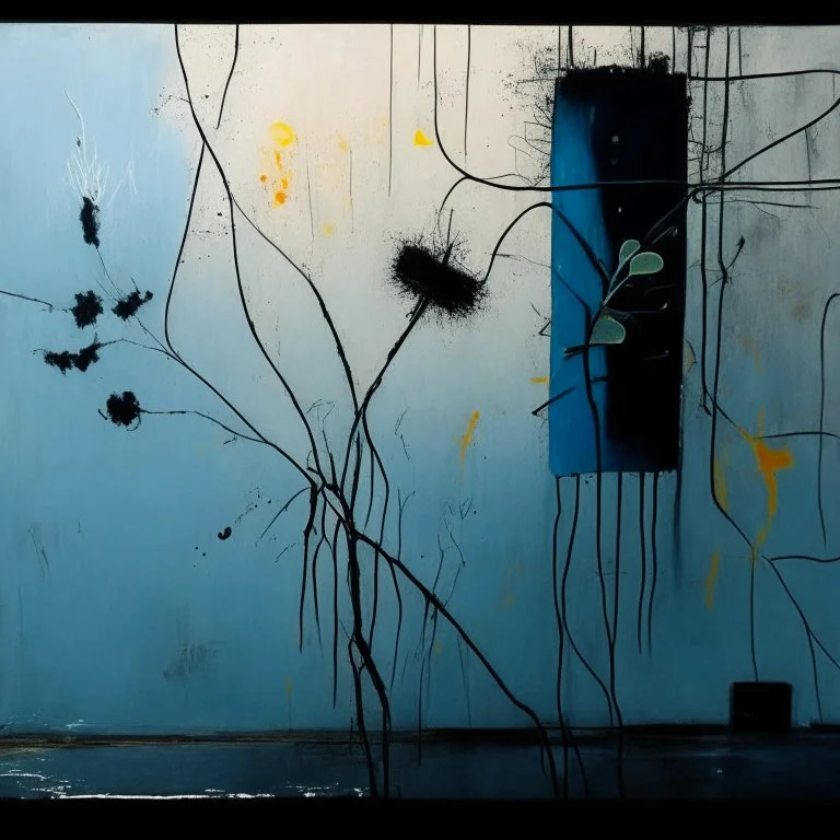 Minimal abstract oil painting of a plants in concrete warehouse brutalist architecture and hanging wires illuminated at night. With triadic colours. In the style of Justin Mortimer and Phil Hale, Ashley Wood