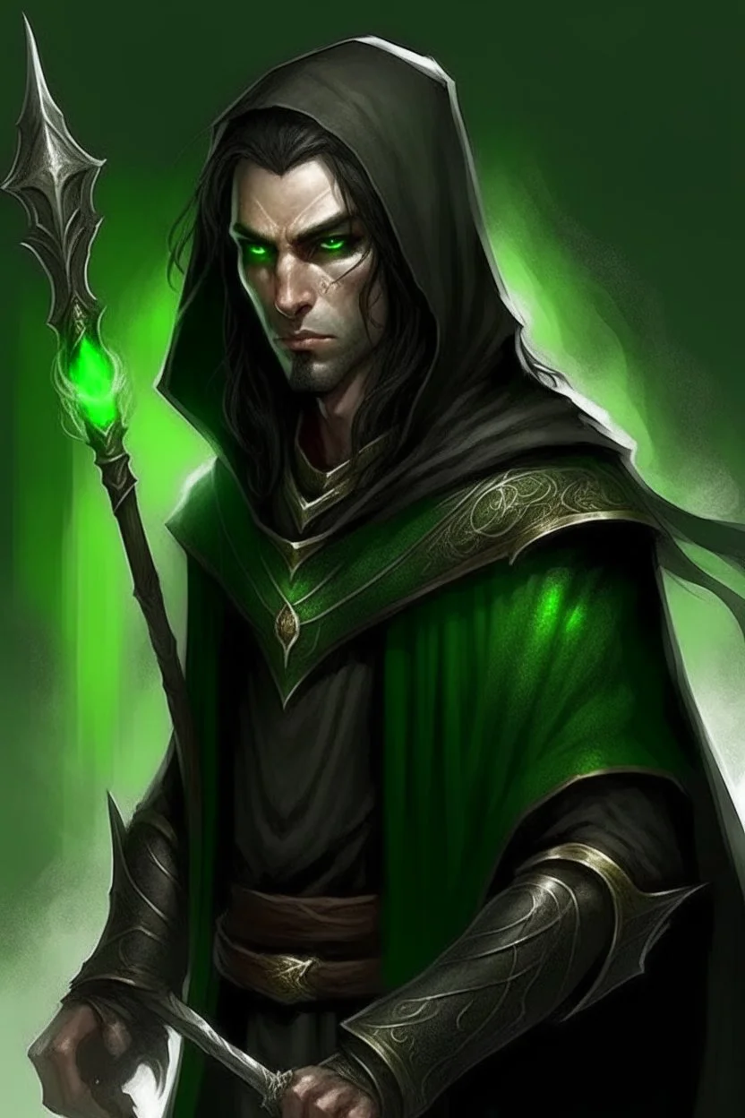 full length, mantle, hood removed, black with, holding a spear in his hand, dark green eyes