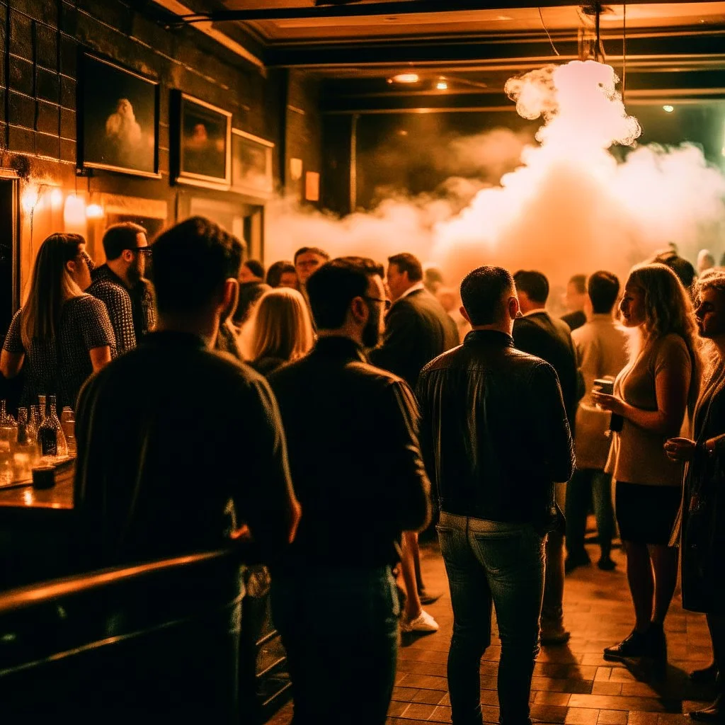 a crowded smokey bar, lots of people, focus on a lonely person against the wall