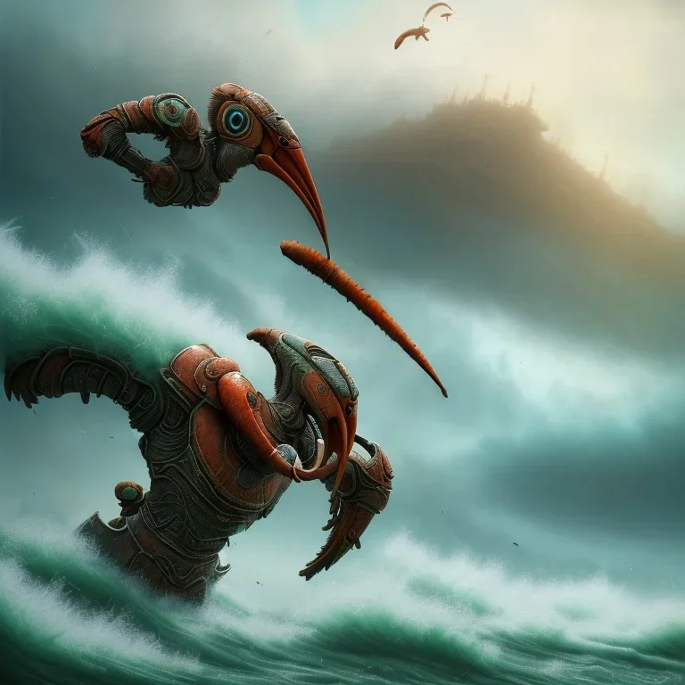 an ibis warrior in orange and green full battle armor, background of giant crashing ocean waves, a highly detailed illustration, realistic render, 8 k, micro detail, intricate, elegant, centered, digital painting, smooth, sharp focus, illustration, artgerm, tomasz alen kopera, peter mohrbacher, donato giancola, joseph christian leyendecker, wlop, boris vallejo