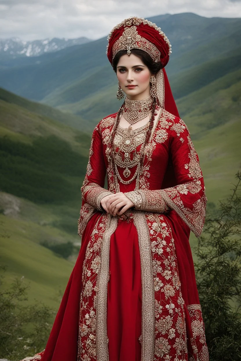 Gorgeous photography Circassian bride over the valley, half body, proud beauty, cap, scarf, embroidered Circassian women's red wedding dress of the 19th century, top dress "jan", cross fasteners bibs, caftan "kIekI", top swing dress "sai" emphasis on small details and pattern , intricate beautiful, rich, complex pattern, pearls, gold beads, cabochons, on leather and velvet, gold braid around the edge, garus, gimp, watercolor, ink drawing, hyperrealistic, art photo, folklore