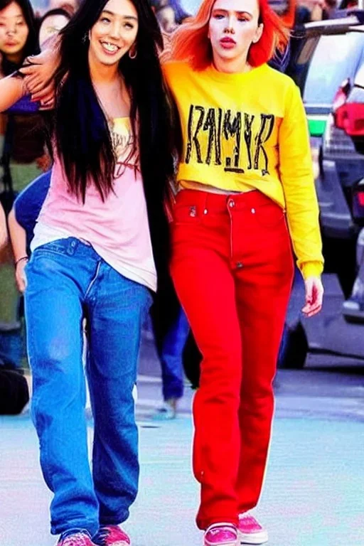 baggy jeans. Fashion colors 2023. Scarlett Johansson and Alina Li, shimmer. Blocks/squares/bars of fashion colors in the background of the image. Cool fashion outfit for the year 2023