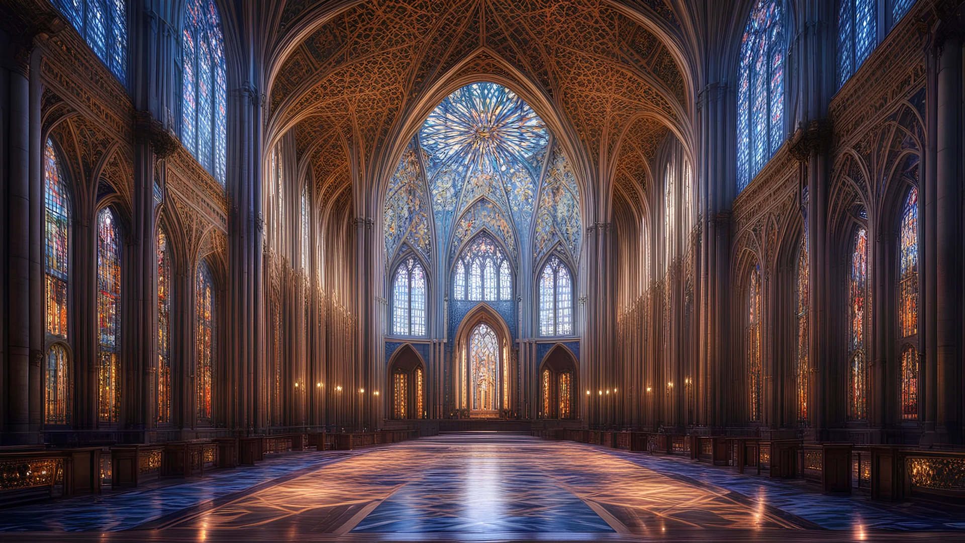 futuristic fantastic symmetrical cathedral internal view, year 2080, night, beautiful, colorful, totally symmetrical design, style William Morris, English arts-and-crafts movement, innovative architecture, award-winning photograph, awesome, serene, inspiring, spiritual, impressive, Cinematic lighting, Epic composition, Photorealism, Very high detail, Unreal Engine, Octane render, HDR