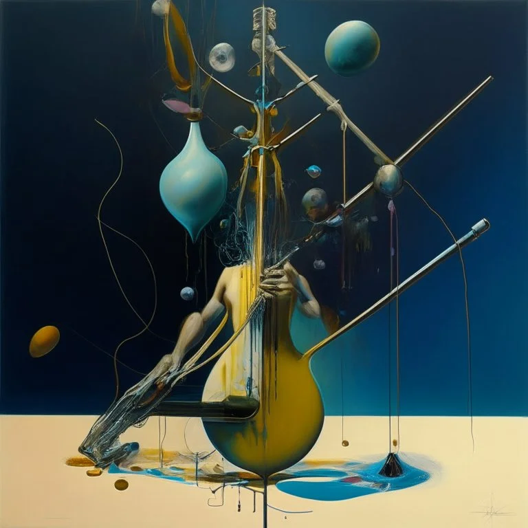 Abstract painting formed by a mix of human flesh-like surgical instruments and universe-like musical instruments,neuralink,minimalism,Painting By Adrian Ghenie, Rene Magritte, Salvador Dali, Lucian Freud