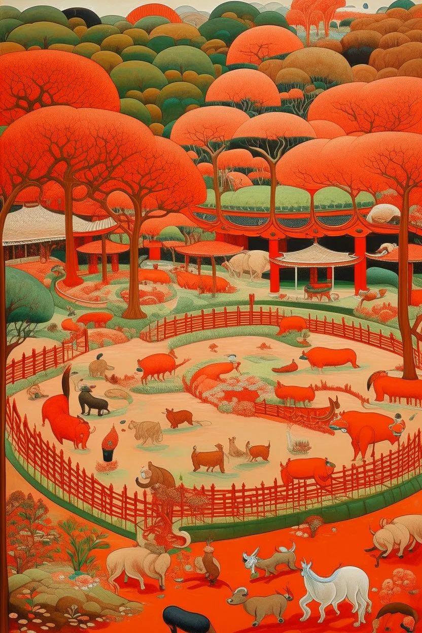 A tannish orange colored arena grounds with animals painted by Qiu Ying