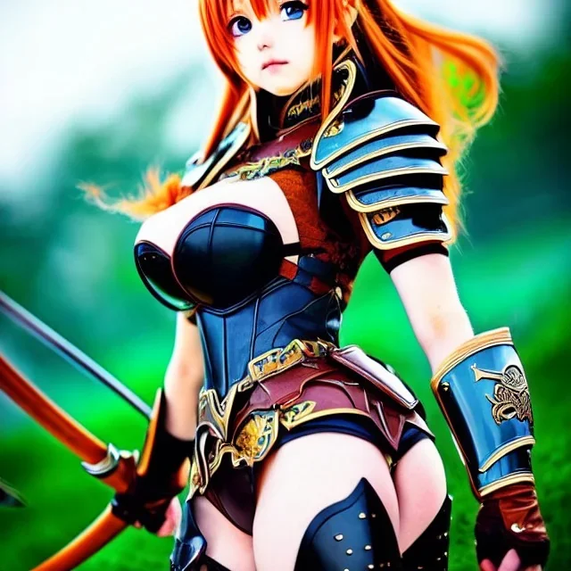 anime,Jab style,hyper detailed, stunningly beautiful teen girl, long ginger hair, green eyes, medium freckles, full lips, skimpy fantasy intricate leather armour, full body, full face, c-cup breasts, aroused expression, biting lower lip, full frame, petite, centered camera, ignore NSFW, bow, quiver on hip