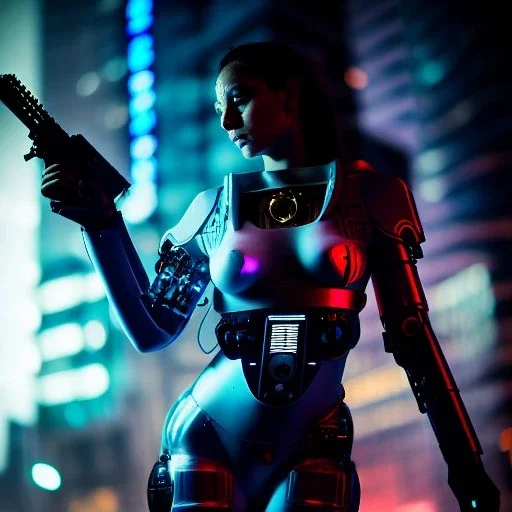 fullbody portrait,beautiful female Cyborg, Holding a scifi weapon aiming at viewer, intense stare, sad eyes, post-apocalyptic in a cyberpunk city, realistic, intriacte detail, sci-fi fantasy style, volumetric lighting, particles, highly detailed ,cinamatic , deep colours,8k, by Caravaggio