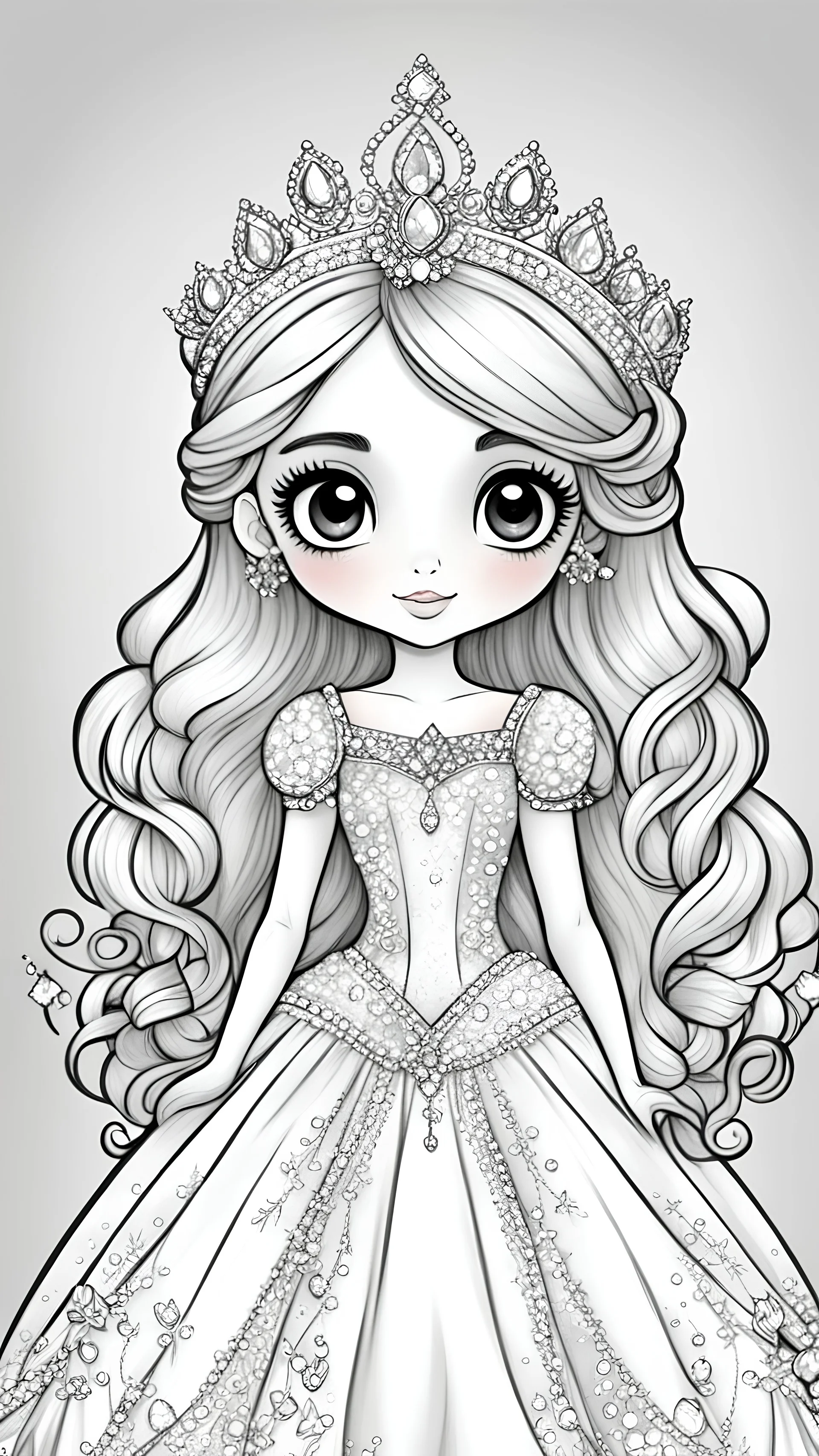 black and white, ((white background,)) coloring drawing page, cartoon, line art, beautiful cute princess, beautiful dresses, with cute hair and eyes, crystals and diamond, sparkles background,