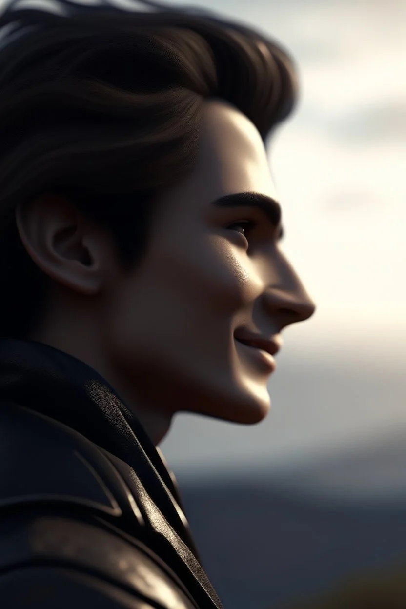 a close up side profile image of an evil angel, smiling and looking over the horizon on a very high cliff, 8k quality, supper realistic