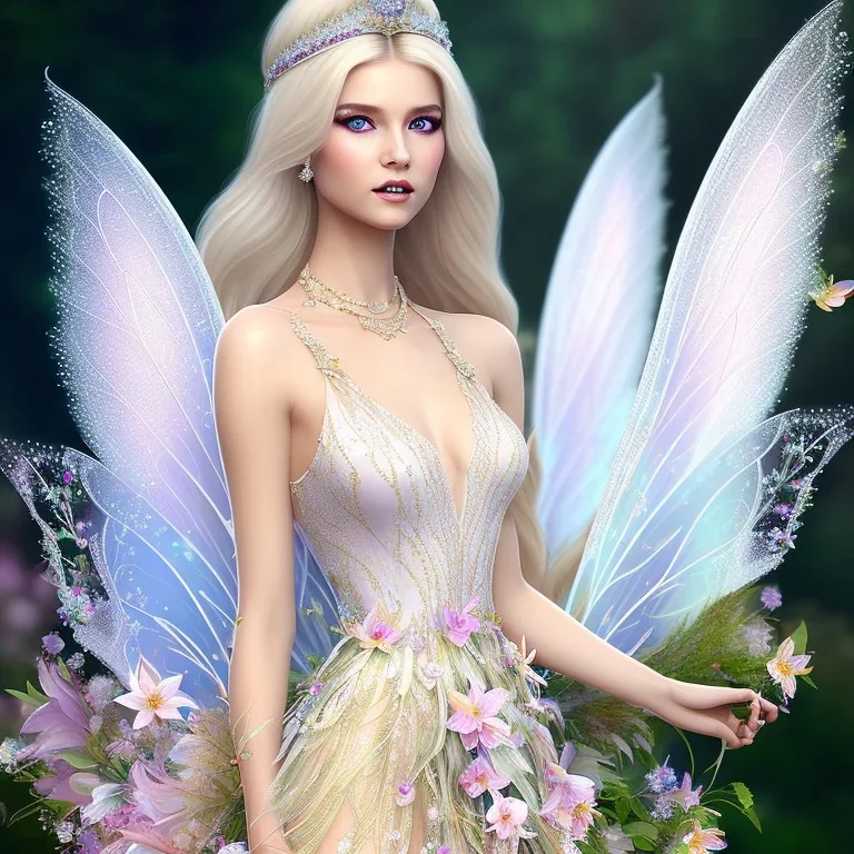 fantasy fairy with transparent wings, smiling, make up, long platinum blond hair with crown and flowers, arcoris dress