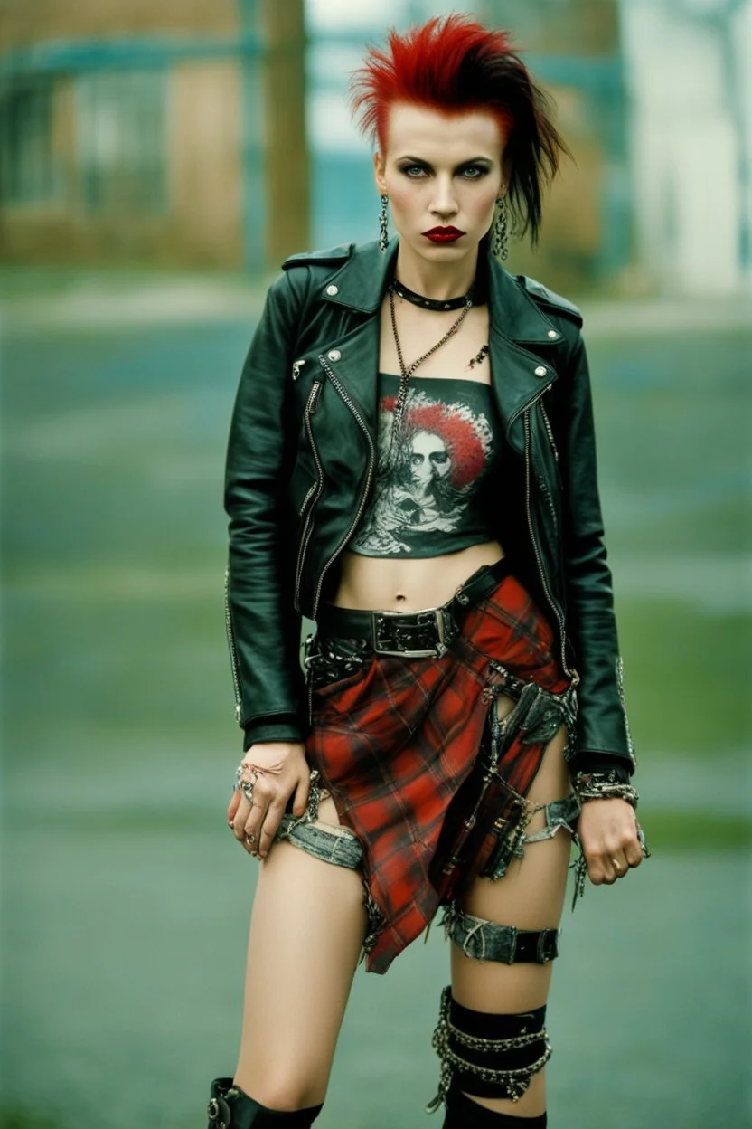 photo of a beautiful Polish young punk woman taken by a Mamiya M645 camera with portrait lens on colour medium-format film, red lips, blue eyes, red mohawk, black leather jacket, Ramones style, heavy boots, fishnet stockings, torn t-shirt, nosering, few earrings, belly ring