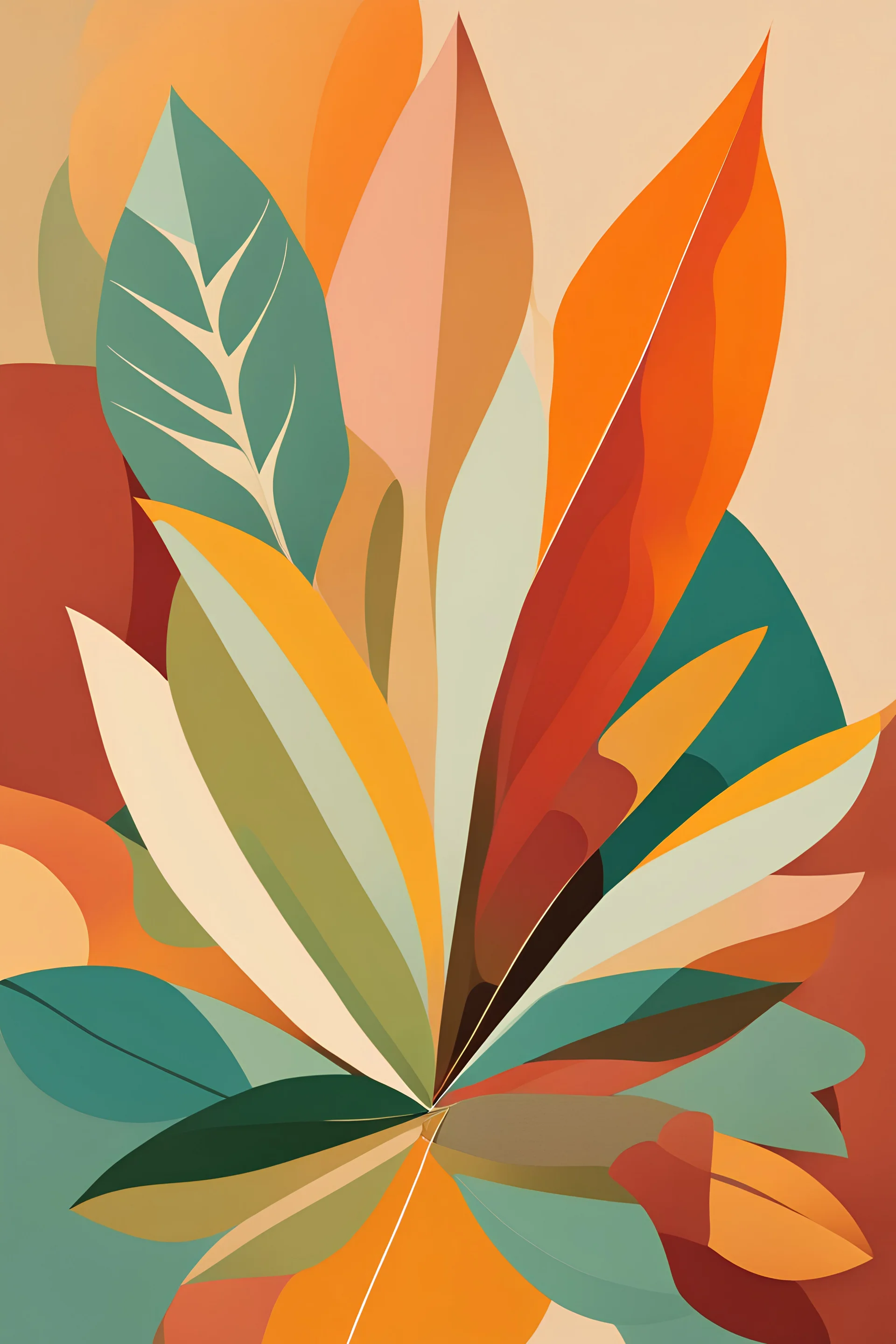 "midcentury minimalist Abstraction art of leaf" - Create an artwork that symbolizes art of our digital lives, using abstract shapes and lines, multicolor midtone, earthen background, rich vibrant colors