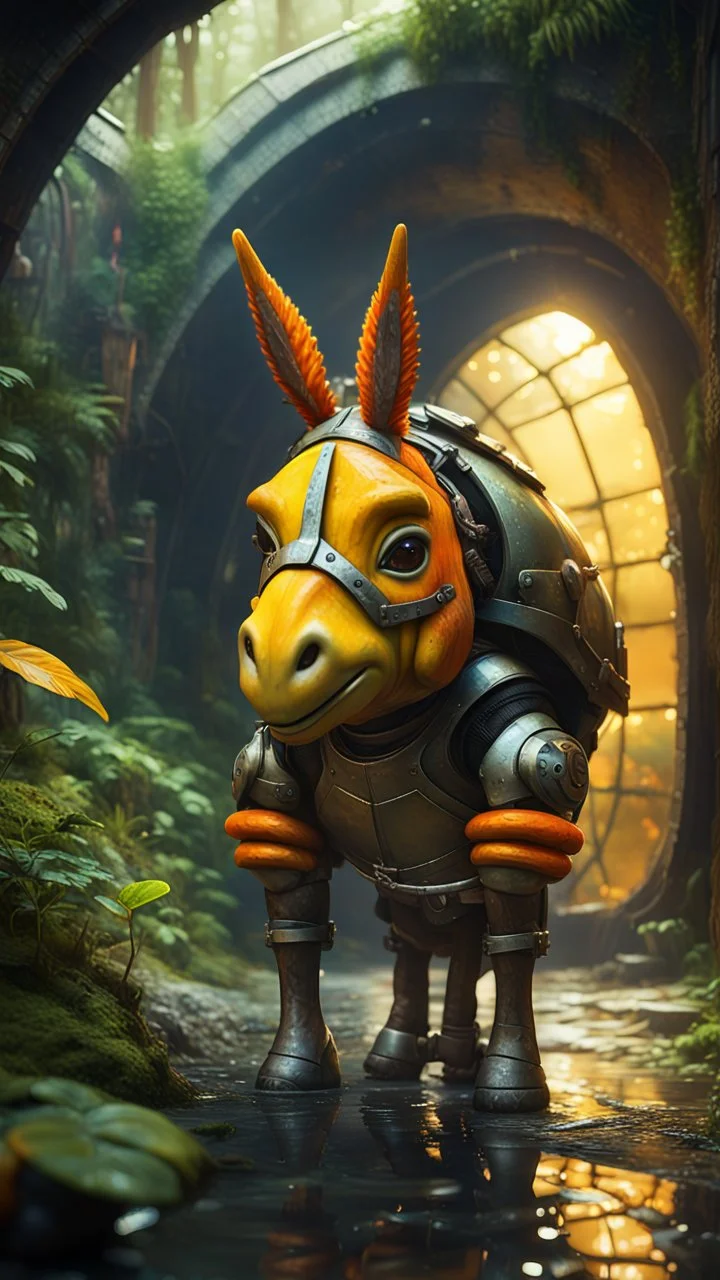 magazine cover, metallic yellow orange donkey turtle chivalry knight with friendly cute face and hair locks in dark lit reflective wet jungle metallic hall dome hotel tunnel, in the style of fallout 4 game,bokeh like f/0.8, tilt-shift lens 8k, high detail, smooth render, down-light, unreal engine, prize winning