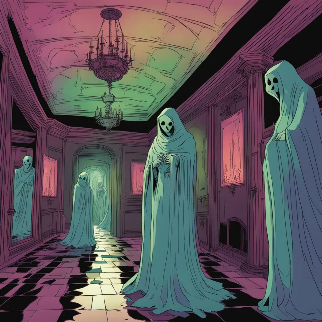 ghostly wraiths and smoky phantoms in a hall with broken mirrors in cinemascope colors