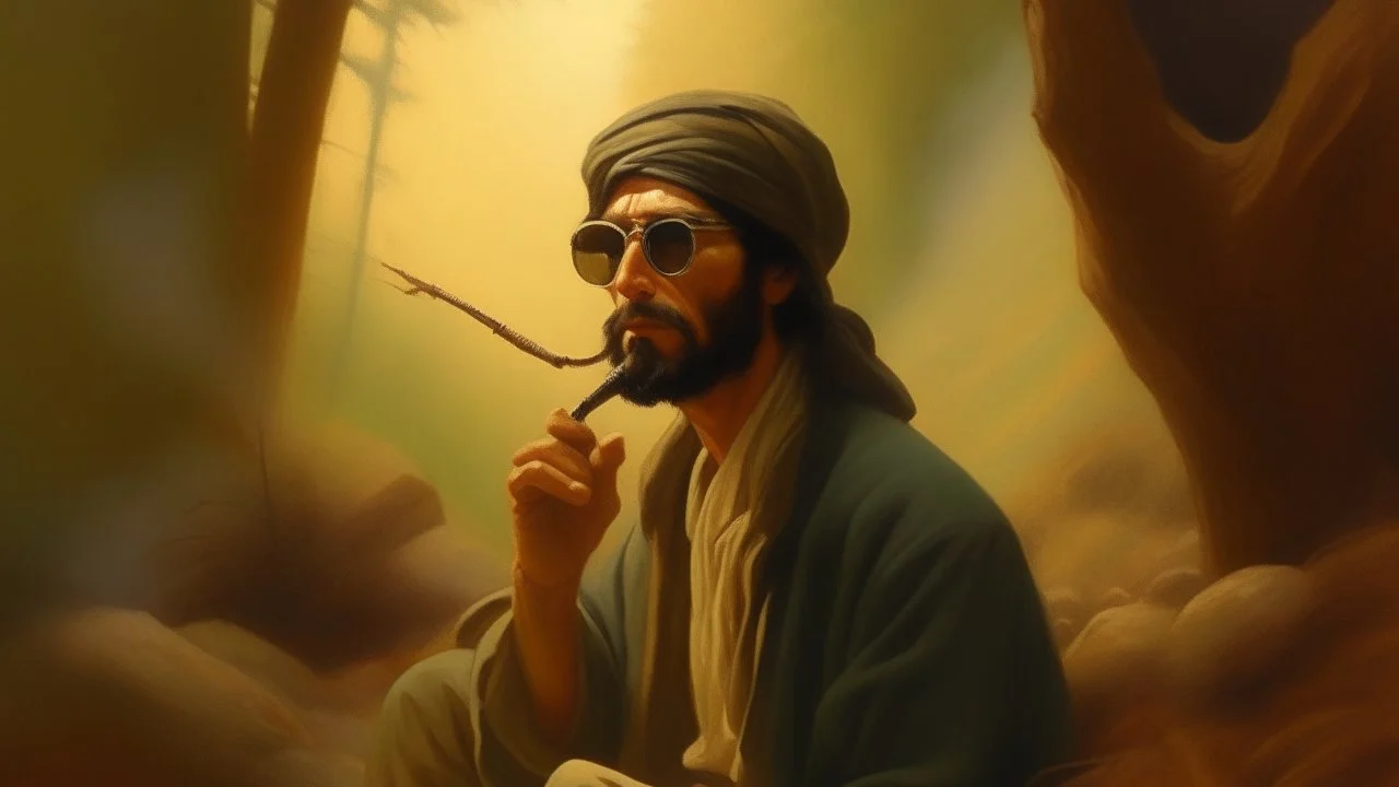 takistan life, scene oil painting. dr arab cover 1970, closeup dnd style. sunglasses. woods mist. smoking weed. lawrence of arabia.