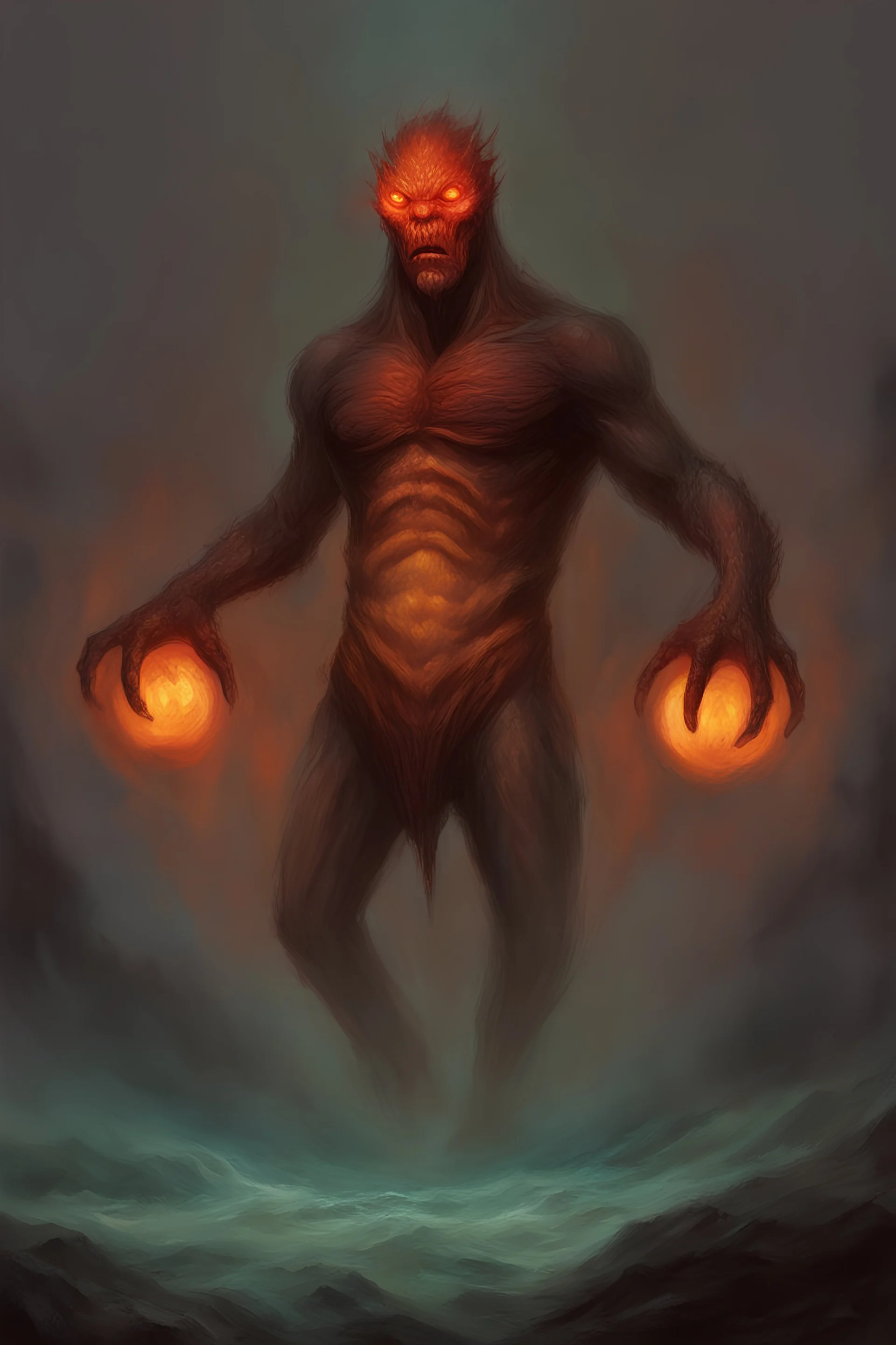 A giant floating fiend, glowing eyes, malevolent, chest burning, majestic, colorful, warm light, by Lucas Graciano