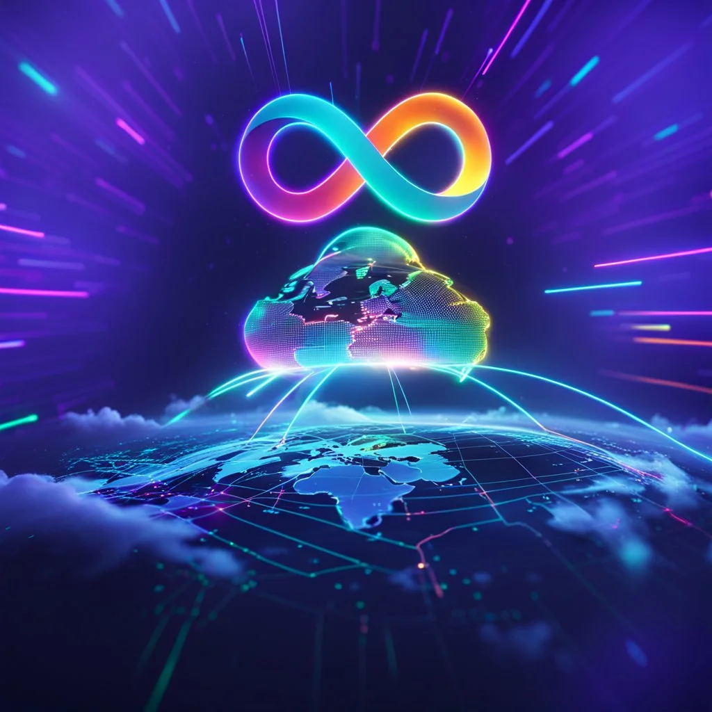 Colourful 3D glowing infinity symbol ∞, hovering above a colourful glowing cloud, network and lights coming from the cloud onto a futuristic map of the globe, inspiring, neon, glowing, friendly, beautiful, octane render, 8k post-production, artstation: award-winning: atmospheric: commanding: fantastical: clarity: 16k: ultra quality: striking: brilliance: liquid medium: stunning colors: amazing depth; lens: f/8, 28mm