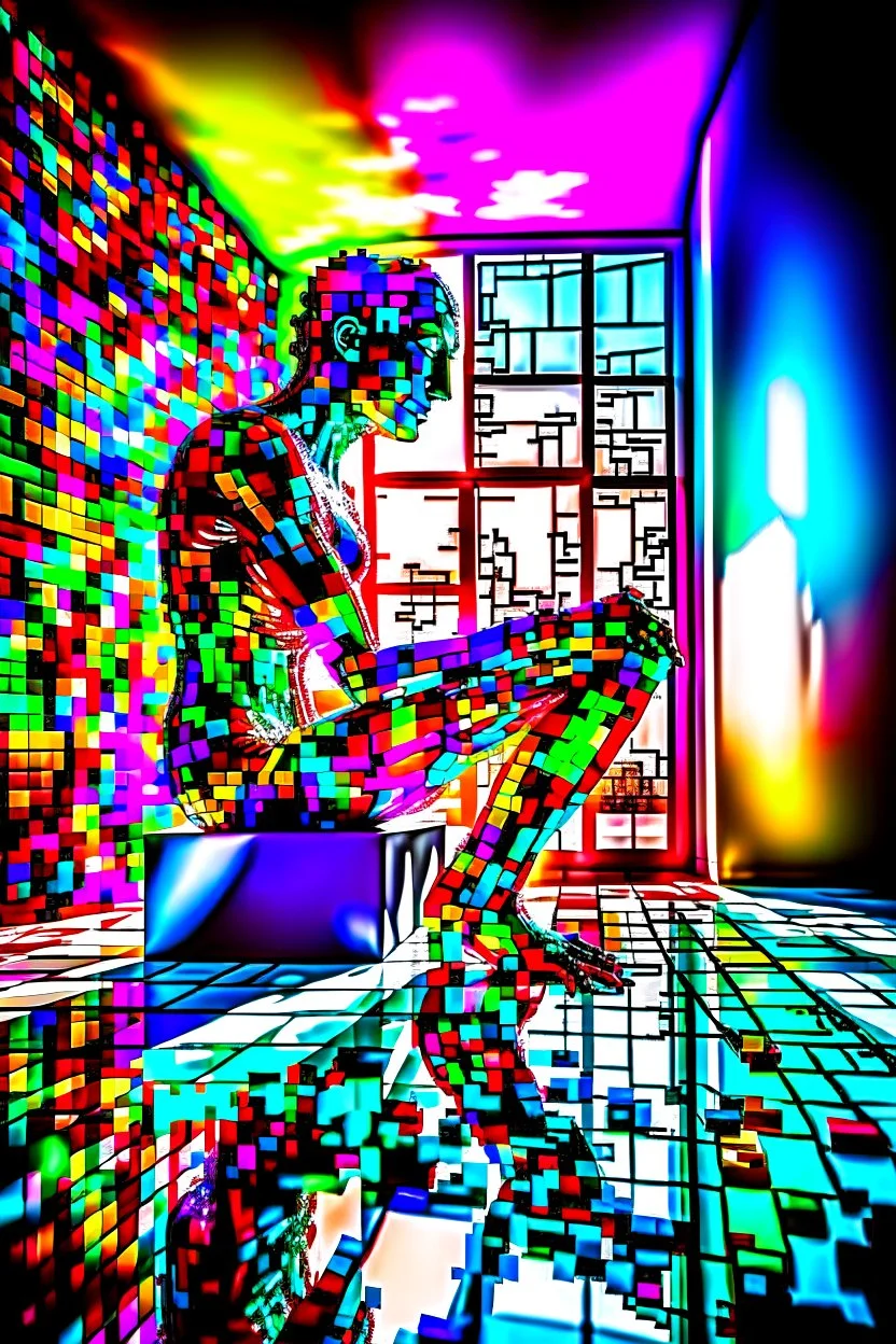 Artistic photo in the audacius style of Jill Greenberg, upclose striking image about "The Thinker statue", the statue as main focus in a white room with his body covered in movie scene shadows playing on the body about news and movie scenes. Exploding into the air are colourful matrix data and virtual numbers, on the floor are broken pieces of statue, questioning the role of deep thought in an increasingly digital and disconnected world, , extravagant, barroque escene