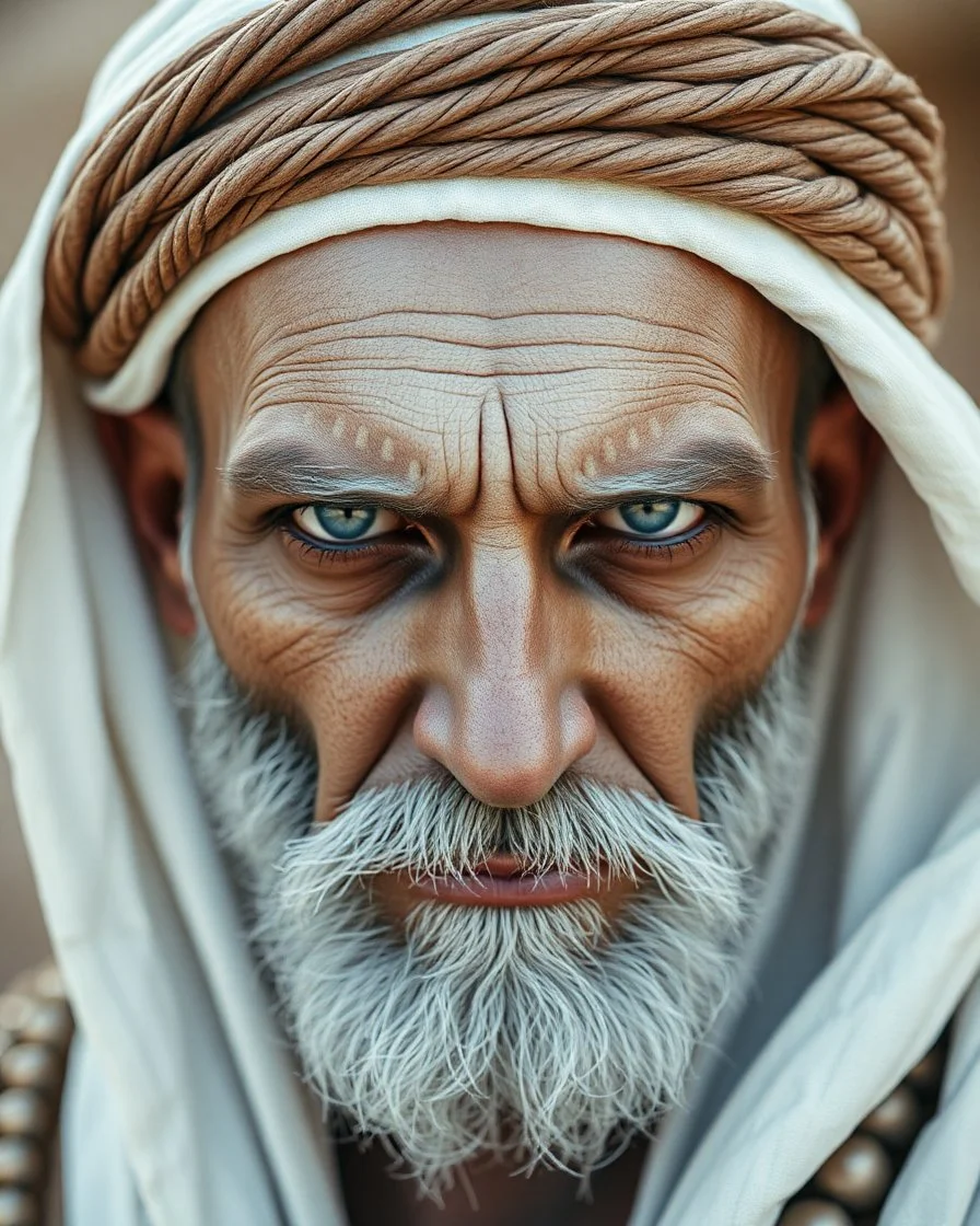 An Arab man look like Tribal warrior; White skinned; metal orbs for eyes.