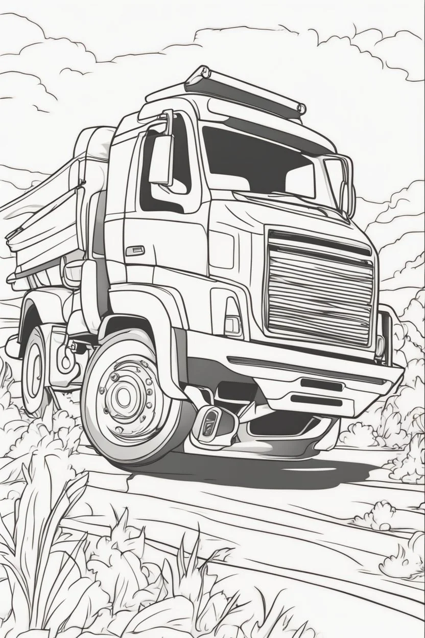 transport coloring page for kids, truck, cartoon style, thick outline, low details, no shading, no color