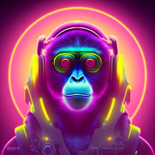 A beautiful portrait of a cyborg monkey purple neon color scheme, high key lighting, volumetric light high details psychedelic background