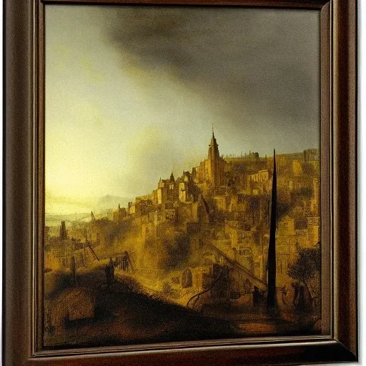 A fantastic city on a hill by rembrandt