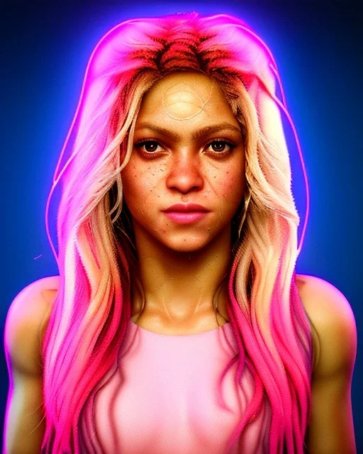 portrait, Shakira, blonde artist, Realistic image, drinking a strawberry milkshake, pink line make-up, sweat, fog, goddess style, Neon colors, leds. Color background, photo studio, concept art, smooth, unreal engine 5, god lights, ray tracing, RTX, lumen lighting, ultra detail, volumetric lighting, 3d, finely drawn, high definition, 4k.