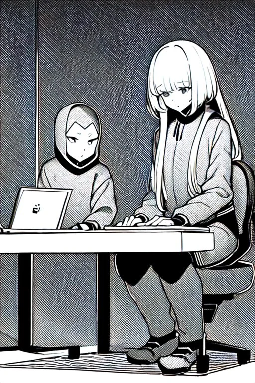 hacker girl use a laptop sitting next o other peoples in a cafe, line arts, greyscale