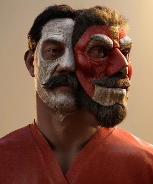 Strong Man, Mexican wrestling, Mexican mask, hot ambient, photo studio, latex color dress, red, gold, vibrant color, highly detailed, art stations, concept art, smooth, unreal engine 5, god rays, ray tracing, RTX, lumen lighting, ultra detail, volumetric lighting, 3d, finely drawn, high definition, high resolution.