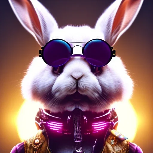 Rabbit toddler, smile, steampunk headphone, sunglass, gangsta neckless, full body, magenta puffer jacket, manila city background, dramatic lighting, hyper realistic, unreal engine 5, 16k