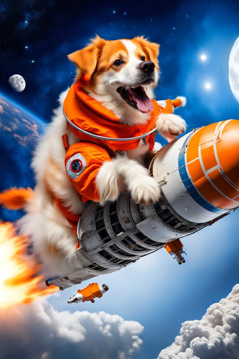 white and orange dog flies to the moon on top of the a rocket