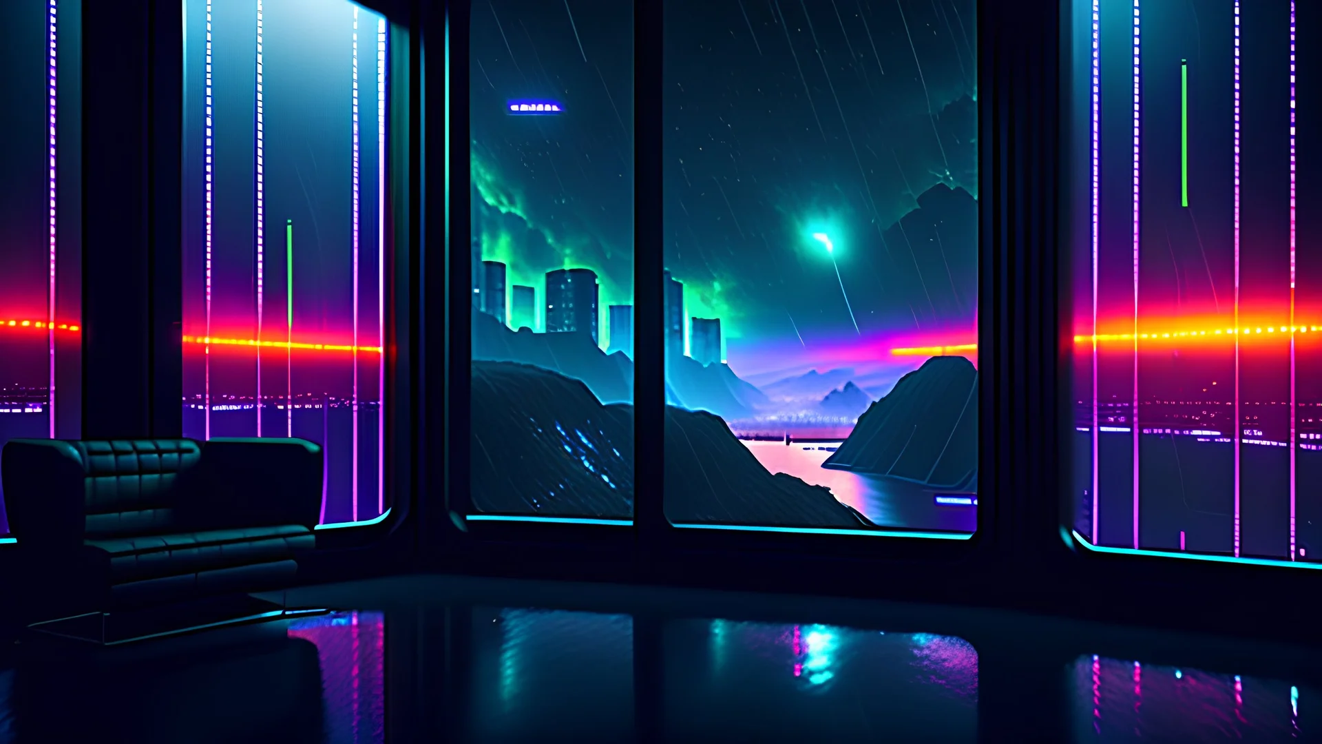 inside a cyberpunk control station with windows looking out into the night sky, rain on the windows, overlooking a river and cliffs, dark and moody