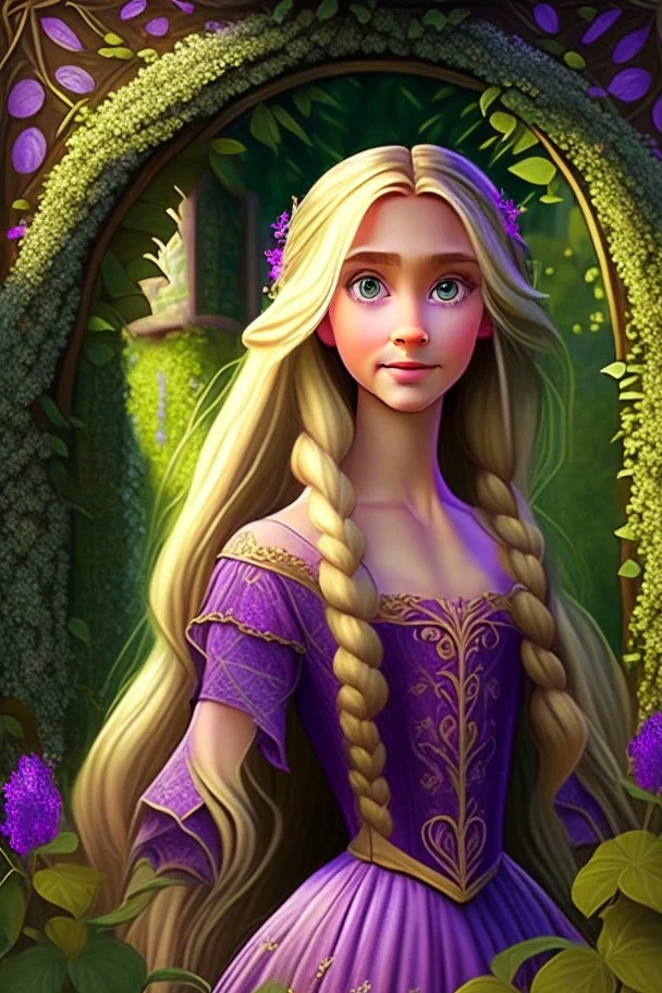 Princess Rapunzel, with a very beautiful and symmetrical face, with a charming look, with a very wonderful dress, in a very beautiful garden