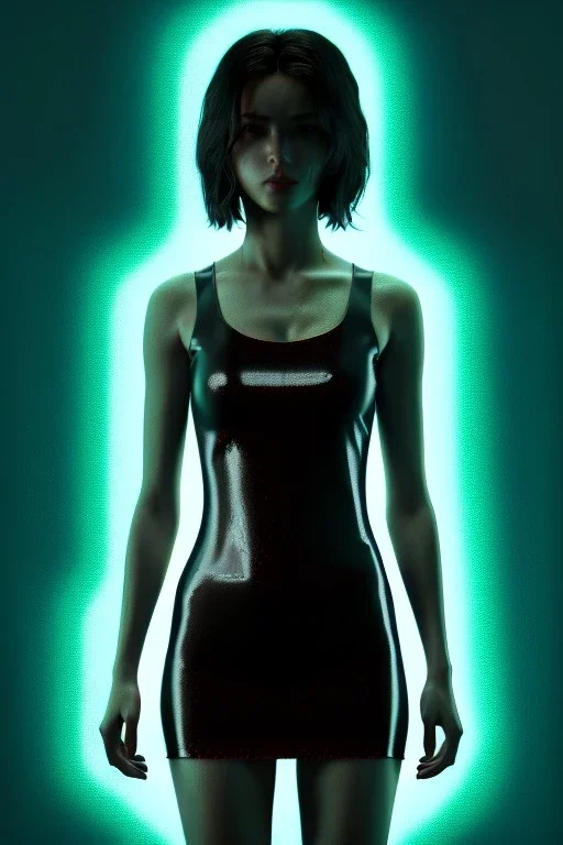 Ultra Realistic image, 25 years old brunette woman, Madrid, portrait, small stature, small chest, yakuza body tattoo, latex dress, short, rain, fog, club night Tokyo ambient, people background, leds, neon, cyberpunk, vibrant color, highly detailed, art stations, concept art, smooth, unreal engine 5, god rays, ray tracing, RTX, lumen lighting, ultra detail, volumetric lighting.