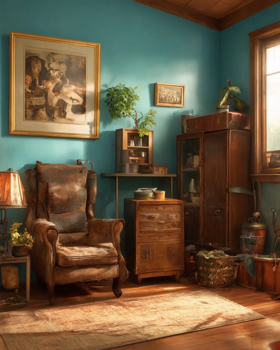 Very old stuff in a room, wide angle view, nostalgia, '50 style, artistic but hyperrealistic rendering