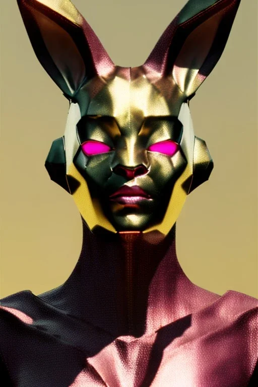 Medium Close Up Portrait, Front image. cyberpunk, rabbit mask, Afro woman, pink hair. Titanium suit. Red, black, gold, color. Cyber style. Color background, photo studio. Avatar image, highly detailed, concept art, smooth, unreal engine 5, god rays, ray tracing, RTX, lumen lighting, ultra detail, volumetric lighting, 3d, finely drawn, high definition, high resolution.