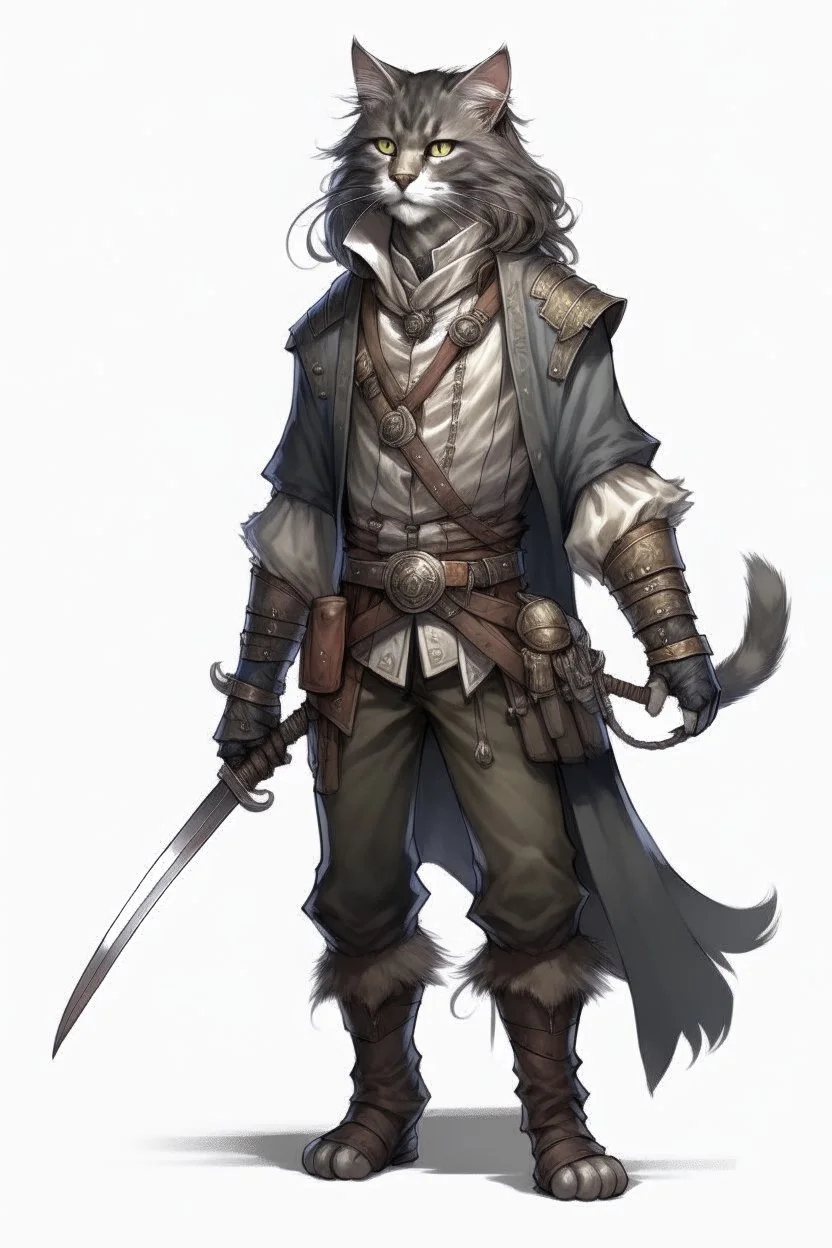 tall male grey Norwegian forest cat tabaxi pirate rogue dnd