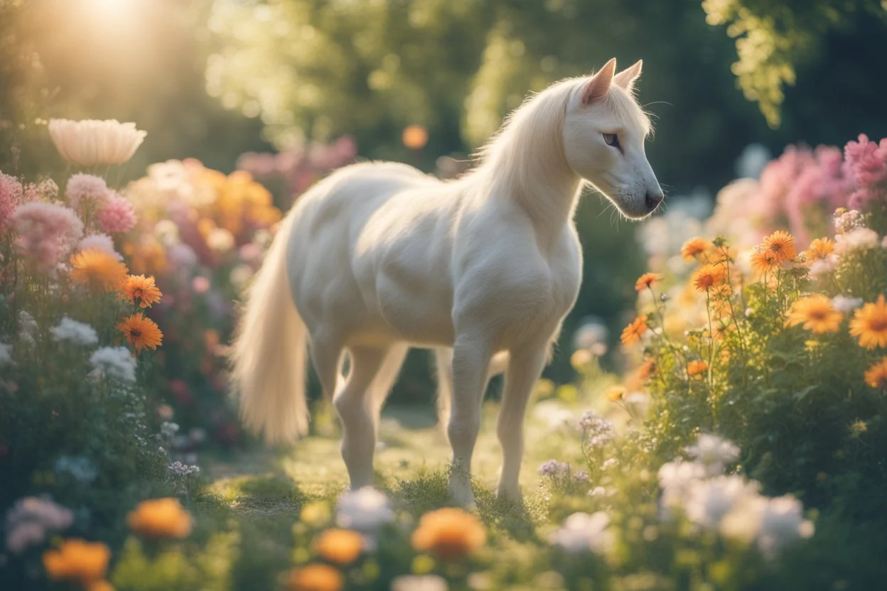 antropomorph cat horse in a flowergarden in sunshine, ethereal, cinematic postprocessing