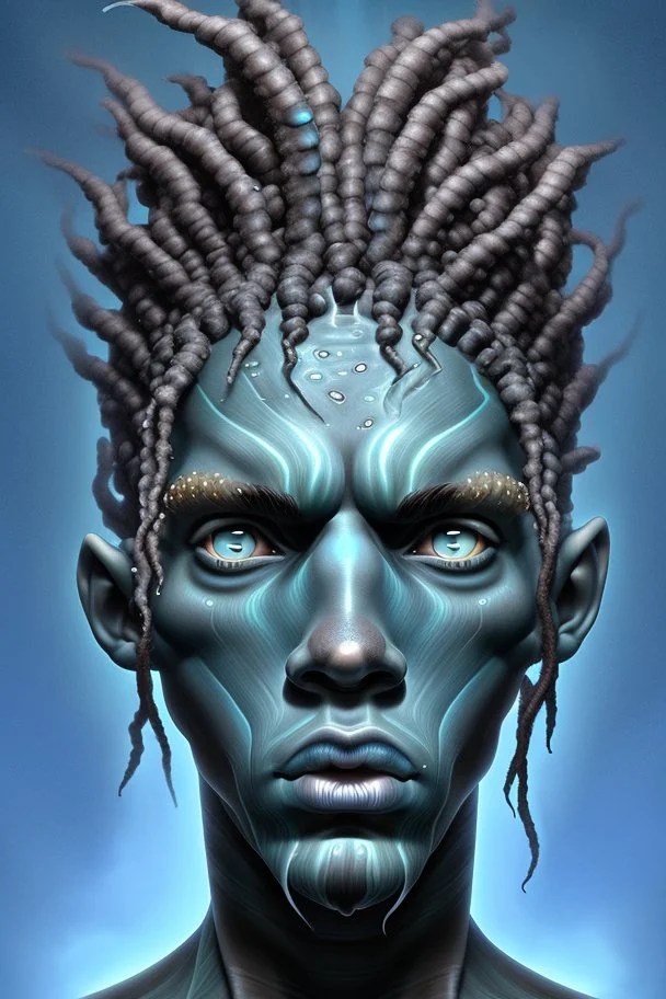 A young male water genasi with deep blue skin color, water shape like dreads on head.