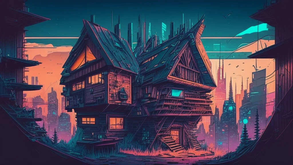 small Wooden European Cabin, In cyberpunk city-skyline, comic style