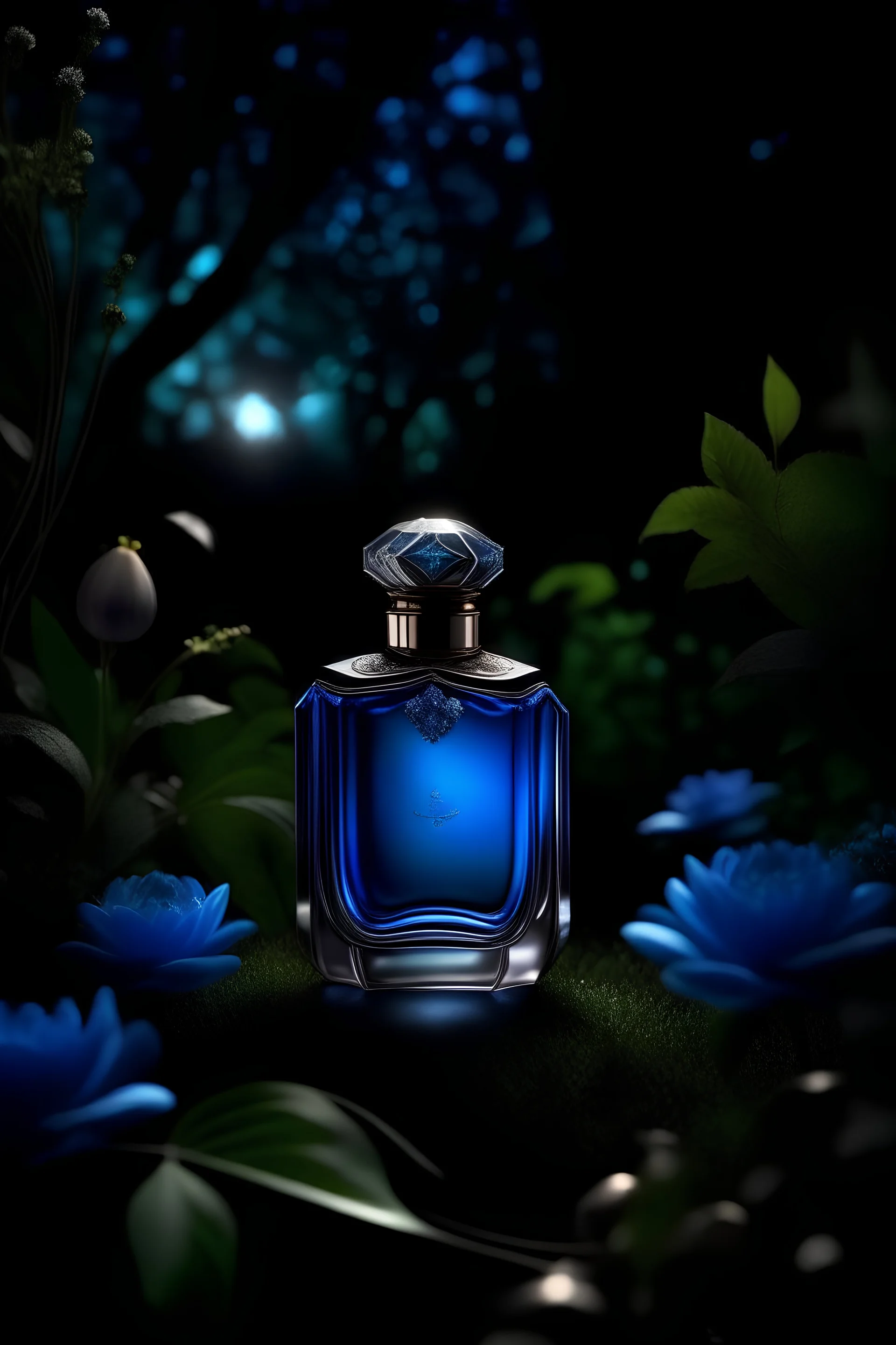 generate me an aesthetic complete image of Perfume Bottle in Moonlit Garden