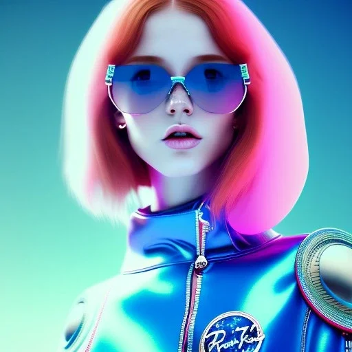 redhead woman teenager, freckles, big rayban sunglasses, padded coat, retro futuristic, latex dress, gradient color, BLUE, PINK, CYAN, neon, insanely detailed, 16k resolution, perfect eyes, cinematic smooth, intricate detail