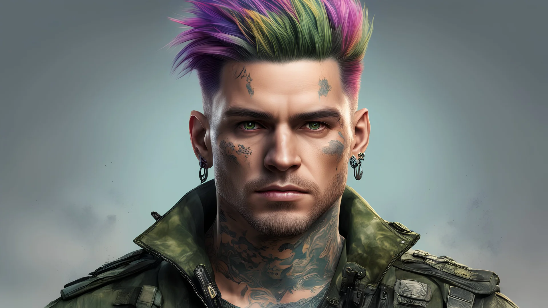 handsome Punk, Angel 35 years old, portrait, military clothing, mystical, bright colors, creative hairstyle, tattoo, piercing, photorealistic image, military, camouflage clothing, fine rendering, high detail, 8K