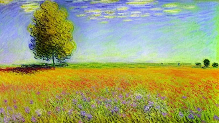 Sunny day, prairie, tree, flowers, claude monet painting