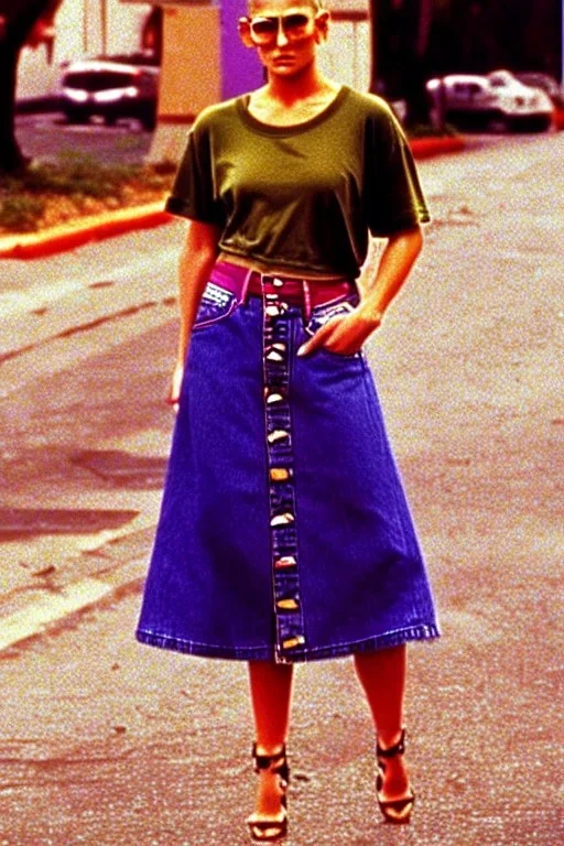 year 1996 denim fashion. Loose skirt, low waist. Combat t-shirt. Colors: denim blue, blue, purple, cream, khaki, light green, lilac, plum, orange, terracotta, red, light yellow, pink, dark blue, beige. Latex in small part. Something between camouflage and cheetah prints.. bridget jones and jennifer lopez