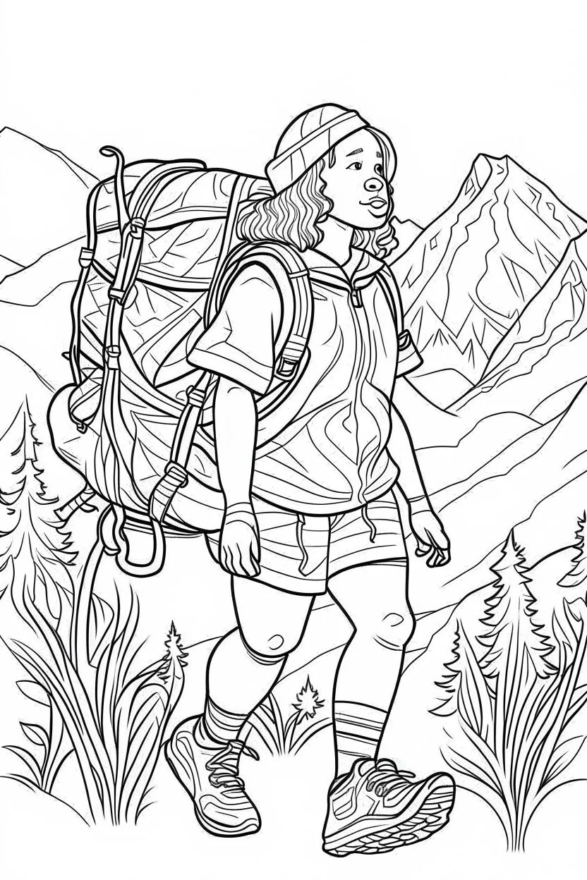 Outline art for coloring page OF FULL BODY OF A CHUBBY AFRICAN BLONDE GIRL HIKING, coloring page, white background, Sketch style, only use outline, clean line art, white background, no shadows, no shading, no color, clear