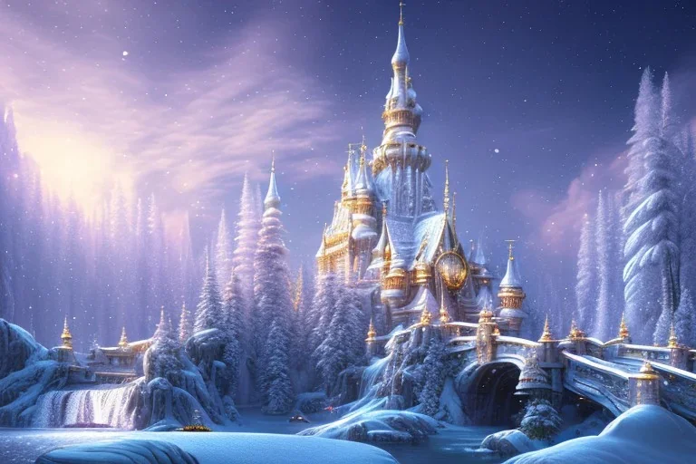  white and gold crystal castle，waterfall, winter snow flakessnow, northern Lights, full of details, smooth, bright sunshine，soft light atmosphere, light effect，vaporwave colorful, concept art, smooth, extremely sharp detail, finely tuned detail, ultra high definition, 8 k, unreal engine 5, ultra sharp focus