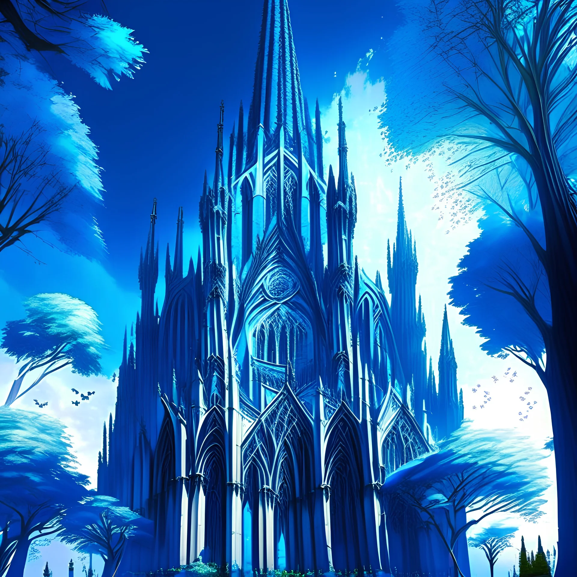Gothic city cathedral gothic hyper-detailed digital art people 8k clear blue sky trees